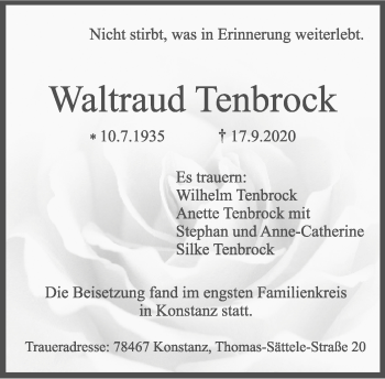 Anzeige  Waltraud Tenbrock  Lippische Landes-Zeitung