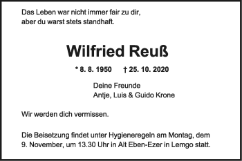 Anzeige  Wilfried Reuß  Lippische Landes-Zeitung