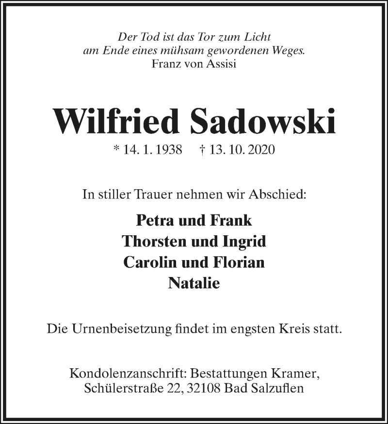  Traueranzeige für Wilfried Sadowski vom 24.10.2020 aus Lippische Landes-Zeitung