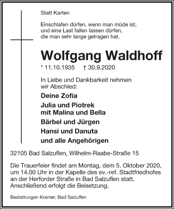 Anzeige  Wolfgang Waldhoff  Lippische Landes-Zeitung