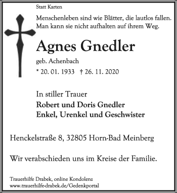 Anzeige  Agns Gnedler  Lippische Landes-Zeitung