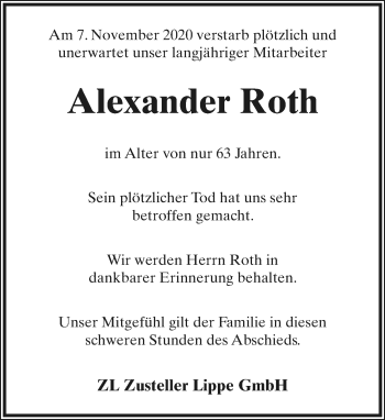 Anzeige  Alexander Roth  Lippische Landes-Zeitung
