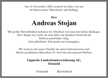 Anzeige  Andreas Stojan  Lippische Landes-Zeitung