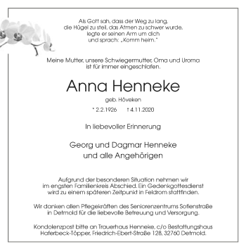 Anzeige  Anna Henneke  Lippische Landes-Zeitung