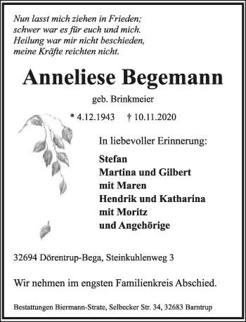 Anzeige  Anneliese Begemann  Lippische Landes-Zeitung