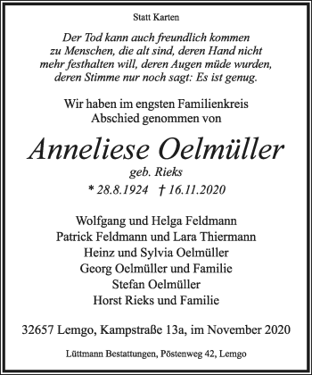 Anzeige  Anneliese Oelmüller  Lippische Landes-Zeitung