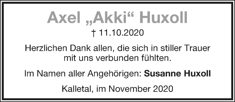  Traueranzeige für Axel Huxoll vom 21.11.2020 aus Lippische Landes-Zeitung