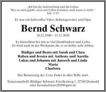 Anzeige  Bernd Schwarz  Lippische Landes-Zeitung