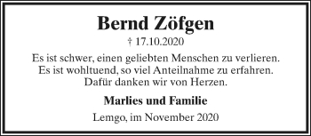 Anzeige  Bernd Zöfgen  Lippische Landes-Zeitung