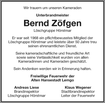 Anzeige  Bernd Zöfgen  Lippische Landes-Zeitung