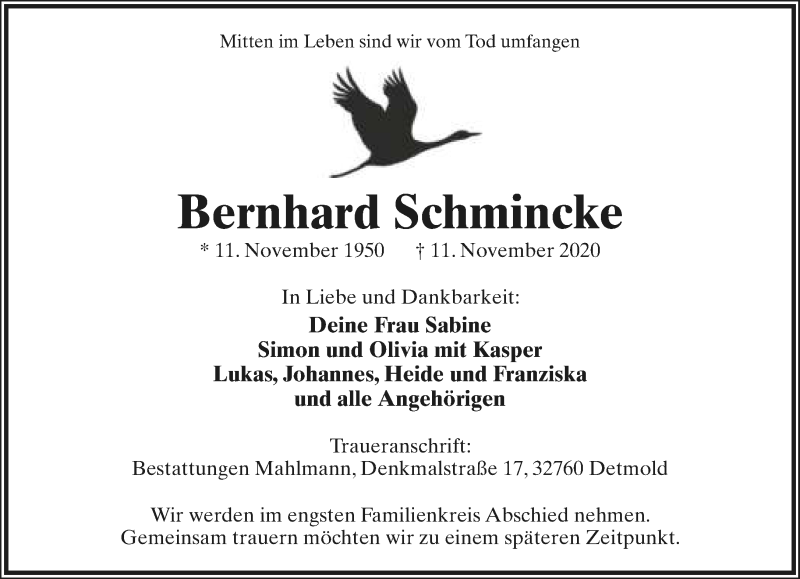  Traueranzeige für Bernhard Schmincke vom 14.11.2020 aus Lippische Landes-Zeitung