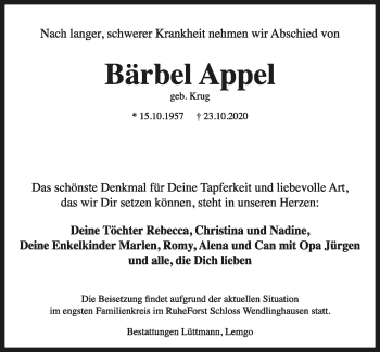 Anzeige  Bärbel Appel  Lippische Landes-Zeitung