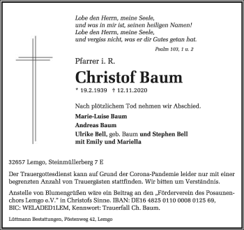 Anzeige  Christof Baum  Lippische Landes-Zeitung