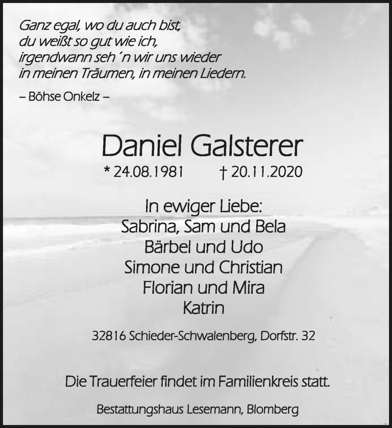  Traueranzeige für Daniel Galsterer vom 28.11.2020 aus Lippische Landes-Zeitung