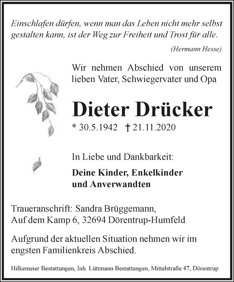  Traueranzeige für Dieter Drücker vom 28.11.2020 aus Lippische Landes-Zeitung