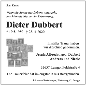 Anzeige  Dieter Dubbert  Lippische Landes-Zeitung