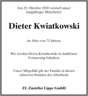 Anzeige  Dieter Kwiatkowski  Lippische Landes-Zeitung