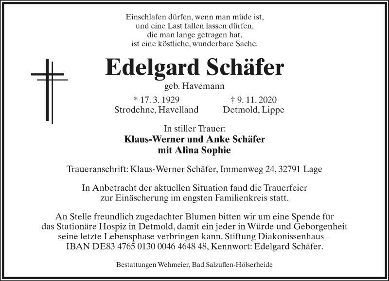  Traueranzeige für Edelgard Schäfer vom 14.11.2020 aus Lippische Landes-Zeitung
