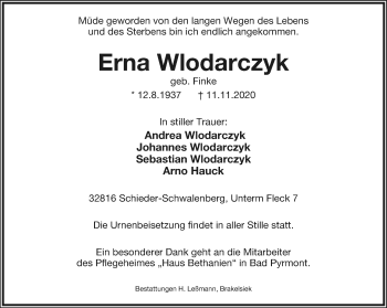 Anzeige  Erna Wlodarczyk  Lippische Landes-Zeitung