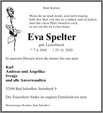 Anzeige  Eva Spelter  Lippische Landes-Zeitung