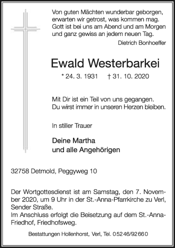 Anzeige  Ewald Westerbarkei  Lippische Landes-Zeitung