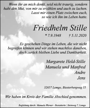 Anzeige  Friedhelm Stille  Lippische Landes-Zeitung