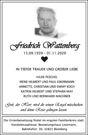 Anzeige  Friedrich Wattenberg  Lippische Landes-Zeitung