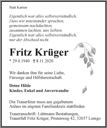 Anzeige  Fritz Krüger  Lippische Landes-Zeitung