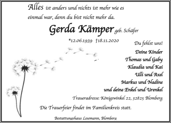 Anzeige  Gerda Kämper  Lippische Landes-Zeitung