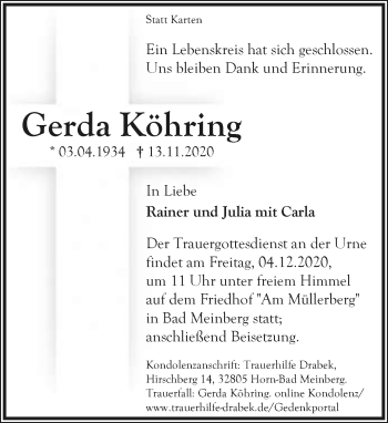 Anzeige  Gerda Köhring  Lippische Landes-Zeitung