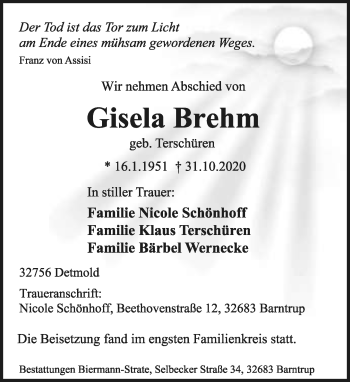 Anzeige  Gisela Brehm  Lippische Landes-Zeitung