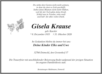 Anzeige  Gisela Krause  Lippische Landes-Zeitung