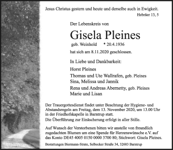 Anzeige  Gisela Pleines  Lippische Landes-Zeitung