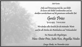 Anzeige  Grete Pries  Lippische Landes-Zeitung