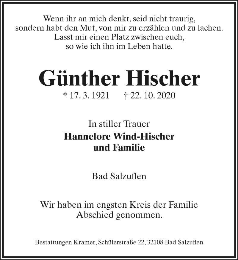  Traueranzeige für Günther Hischer vom 14.11.2020 aus Lippische Landes-Zeitung