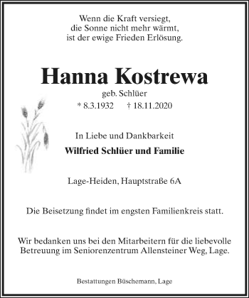 Anzeige  Hanna Kostrewa  Lippische Landes-Zeitung