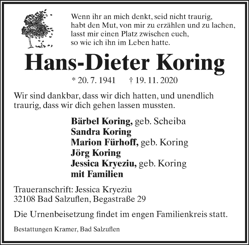  Traueranzeige für Hans-Dieter Koring vom 30.11.2020 aus Lippische Landes-Zeitung