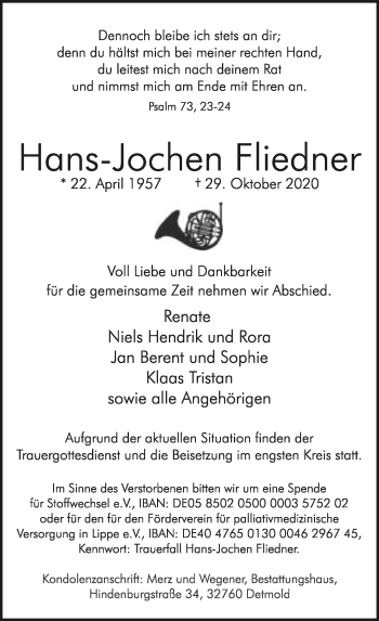 Anzeige  Hans-Jochen Fliedner  Lippische Landes-Zeitung