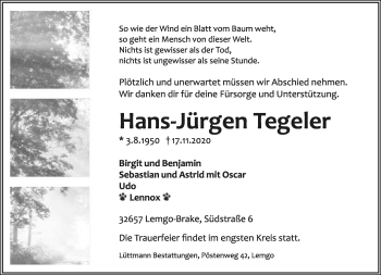 Anzeige  Hans-Jürgen Tegeler  Lippische Landes-Zeitung