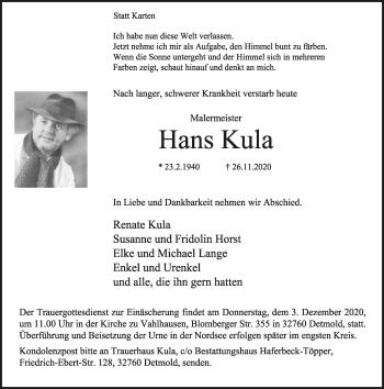 Anzeige  Hans Kula  Lippische Landes-Zeitung