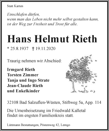 Anzeige  Hans Helmut Rieth  Lippische Landes-Zeitung