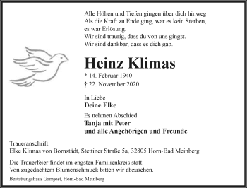 Anzeige  Heinz Klimas  Lippische Landes-Zeitung