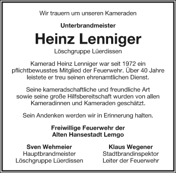 Anzeige  Heinz Lenniger  Lippische Landes-Zeitung