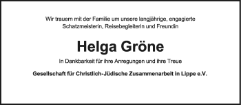 Anzeige  Helga Gröne  Lippische Landes-Zeitung