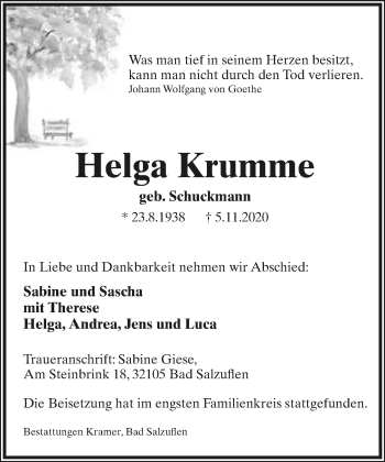 Anzeige  Helga Krumme  Lippische Landes-Zeitung