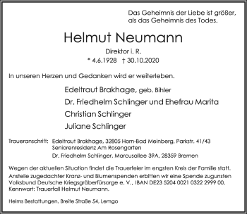 Anzeige  Helmut Neumann  Lippische Landes-Zeitung