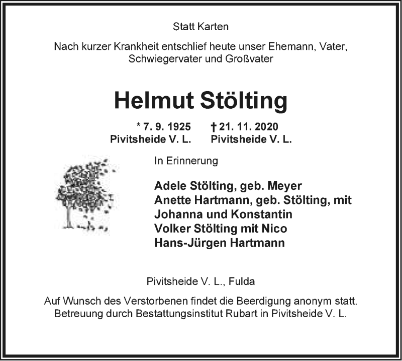  Traueranzeige für Helmut Stölting vom 25.11.2020 aus Lippische Landes-Zeitung