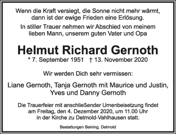 Anzeige  Helmut Richard Gernoth  Lippische Landes-Zeitung