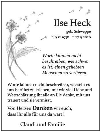 Anzeige  Ilse Heck  Lippische Landes-Zeitung