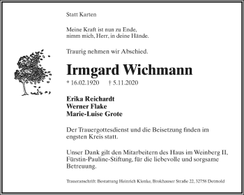 Anzeige  Irmgard Wichmann  Lippische Landes-Zeitung